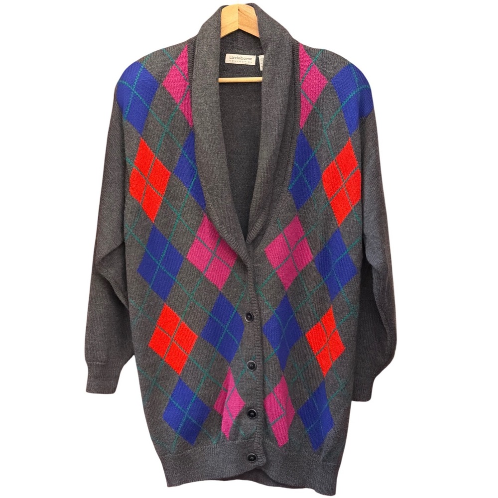 Vintage 80's 90's Liz Claiborne Argyle Cardigan Grandmacore Preppy Dark Academia